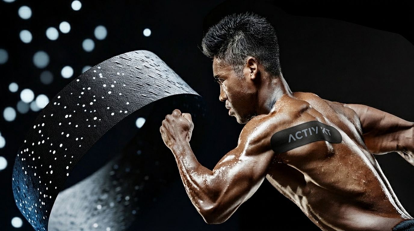 Muscular man with 'Activ' kinesiology tape across his shoulder blade against a dark background